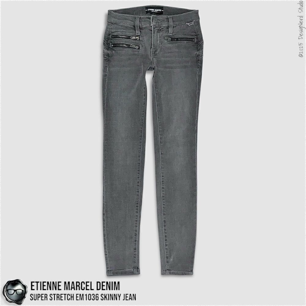 ETIENNE MARCEL DENIM SUPER STRETCH SKINNY MULTI ZIP JEANS EM1036 IN GREY SIZE 24